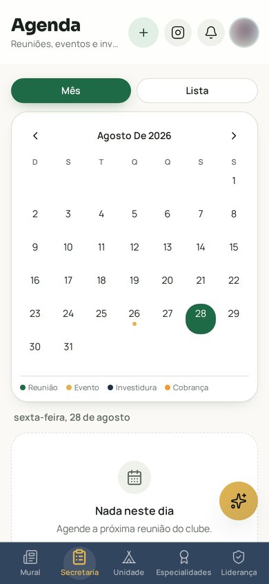 Tela da agenda do app com calendário mensal de reuniões e eventos