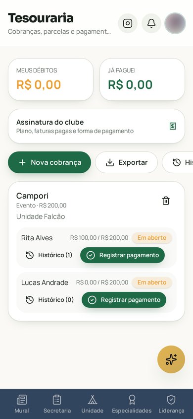 Tela de tesouraria com cobranças de evento e registro de pagamento